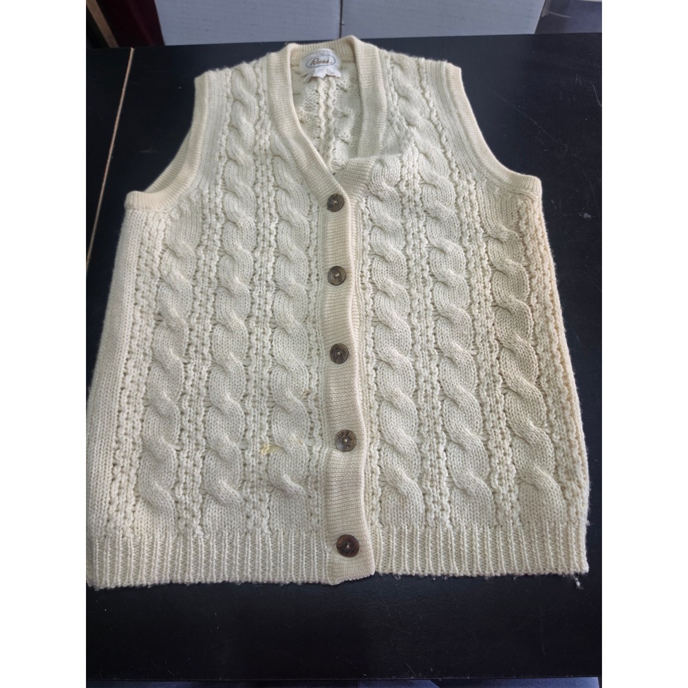 Vintage Russ Cream Cable Knit Wool Sweater Vest Button Front Cardigan Sz M